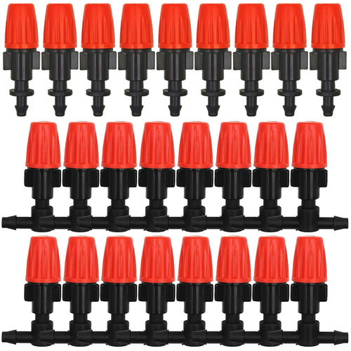 Orange and black drip irrigation nozzles set with connected black tubing, 20-pack