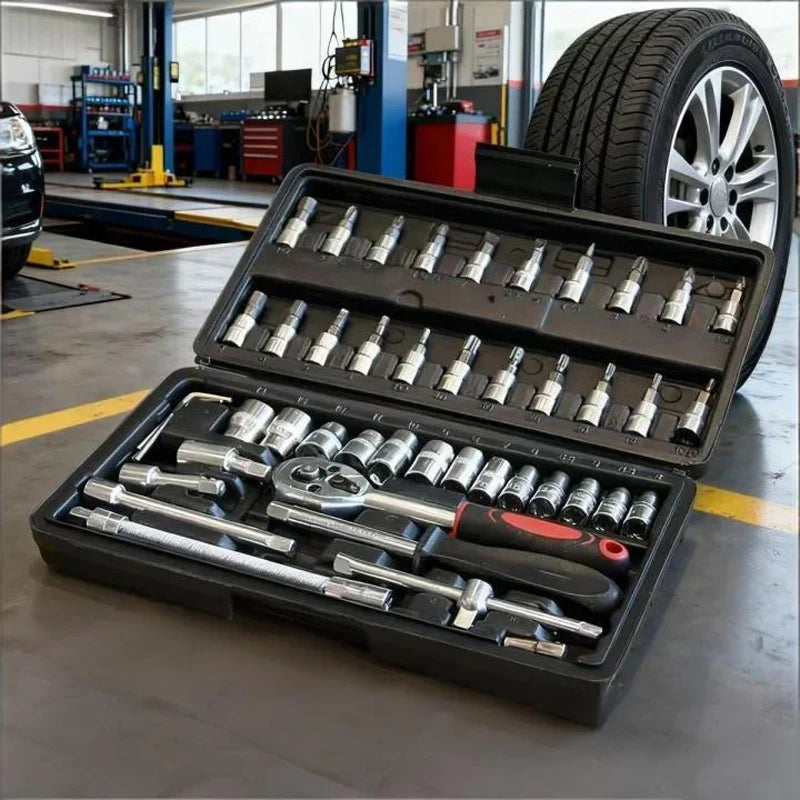 EAFC 46 PCs Automotive Repair Hand Tool Set Mechanic'S Tool Box 1/4"Socket Spanner Ratcheting Screwdriver Ratcheting Screwdriver