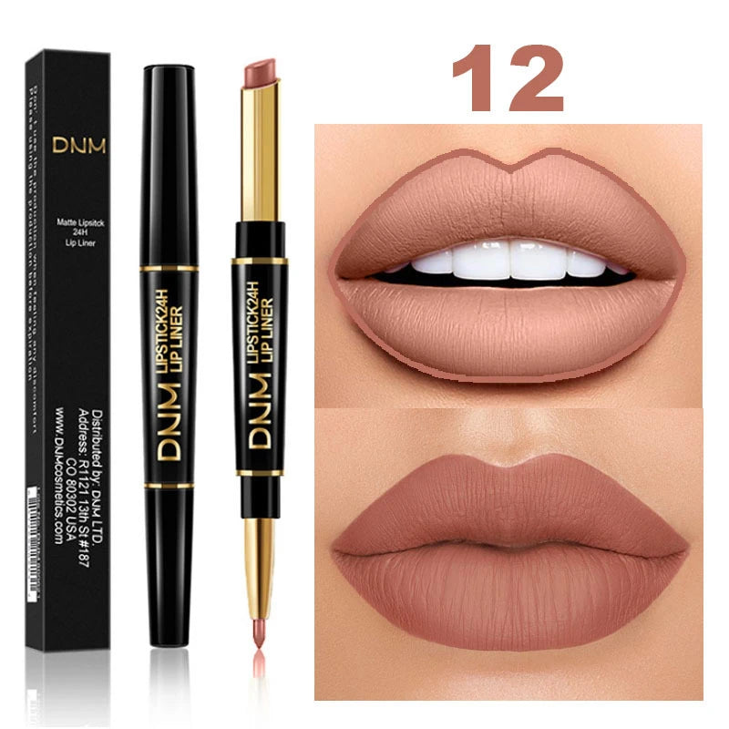 DNM 2-in-1 waterproof matte lipstick and lip liner pencil in a charming nude shade for long-lasting lip makeup.