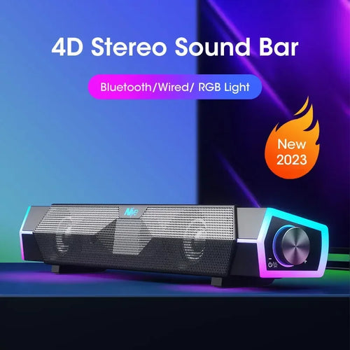 Stereo sound bar speaker with black mesh grille and blue RGB side light accents