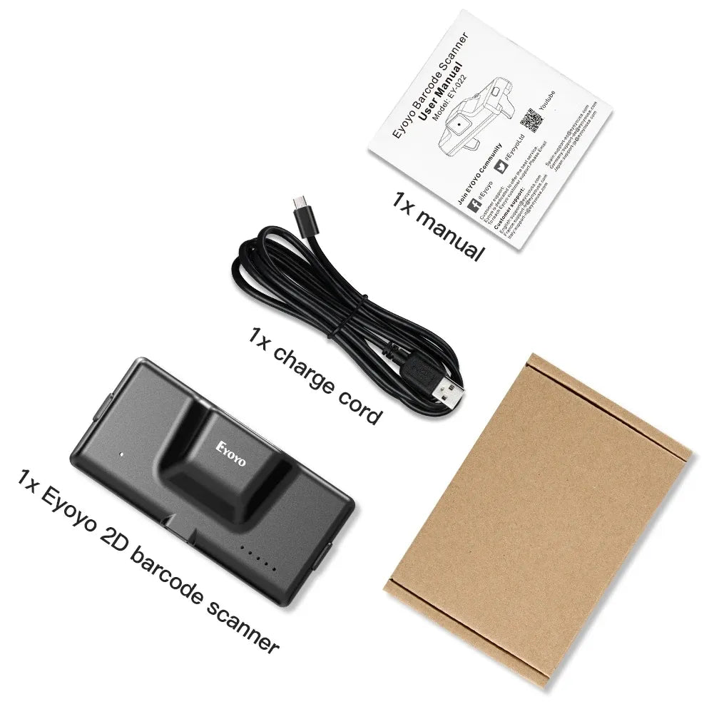 2D barcode scanner kit with clip device, charging cable, and user manual leaflet