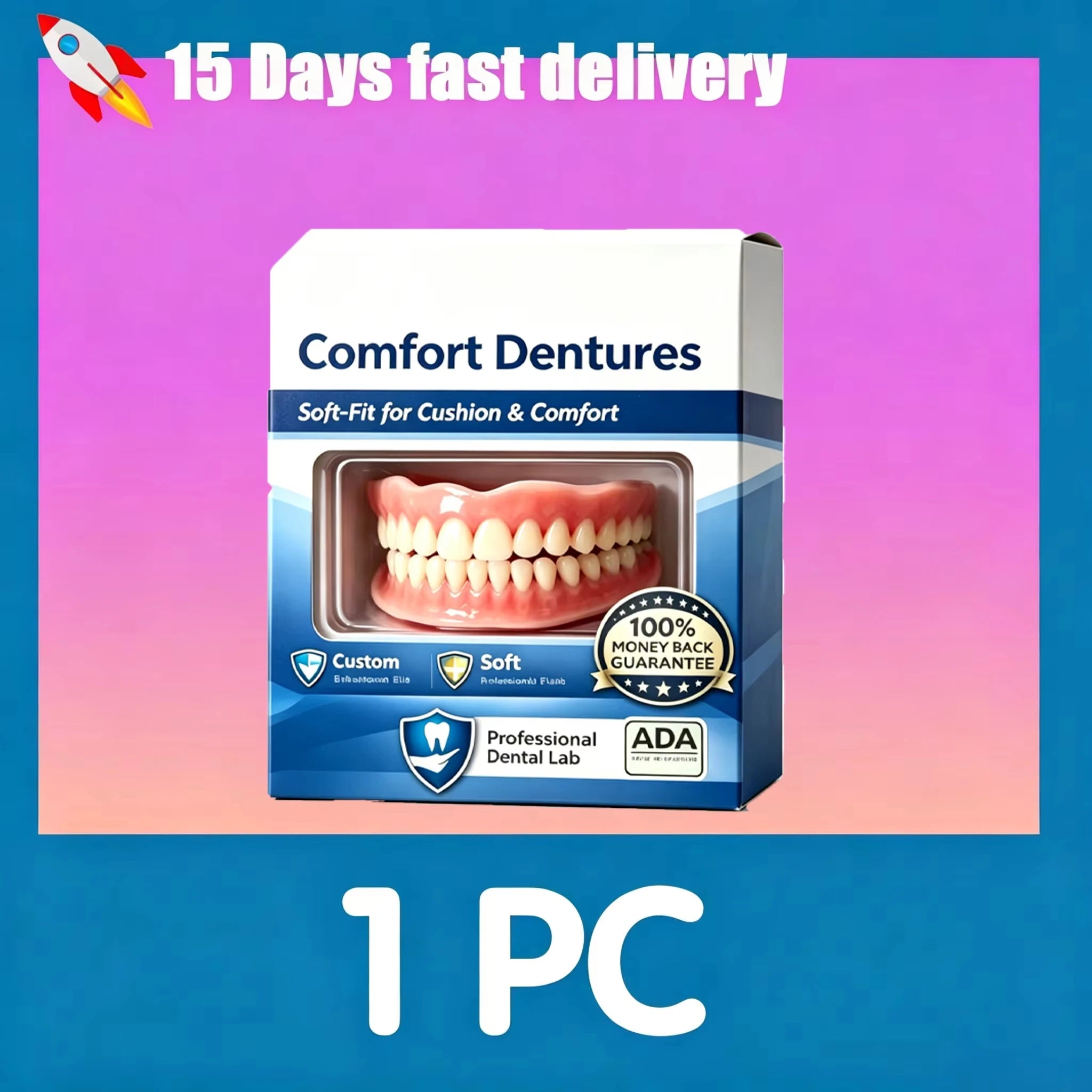 The provided image is for dentures, not a baby teething toy. Please upload an image of a teething product for alt text.