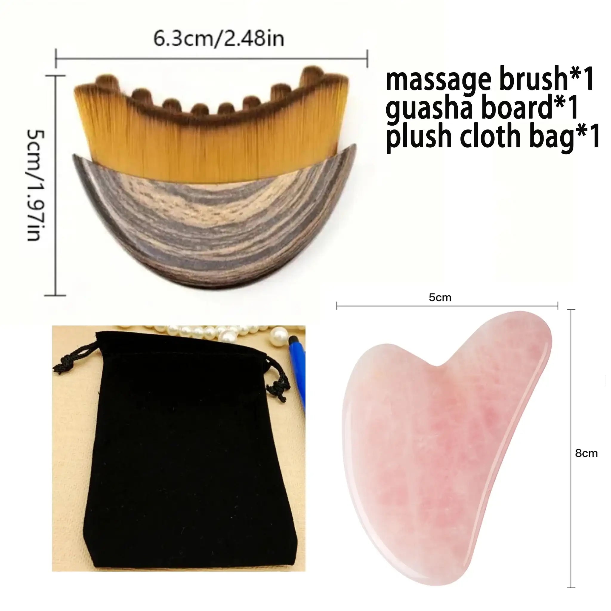 Crescent-shaped wooden massage brush, pink heart-shaped quartz guasha board, and a black drawstring storage pouch.