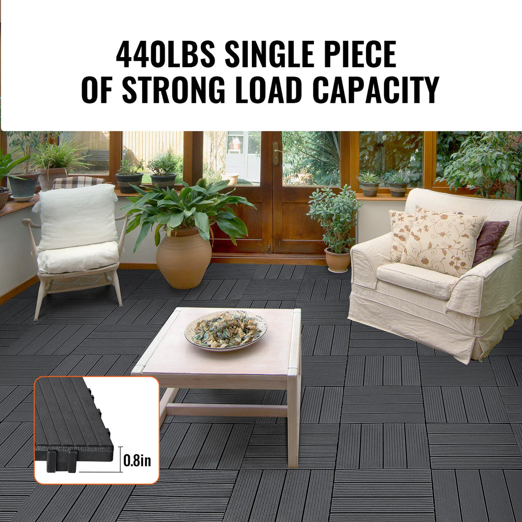 SucceBuy  Interlocking Deck Tiles Plastic Waterproof Outdoor Flooring All Weather Use Patio Floor for Porch Poolside Dark Grey