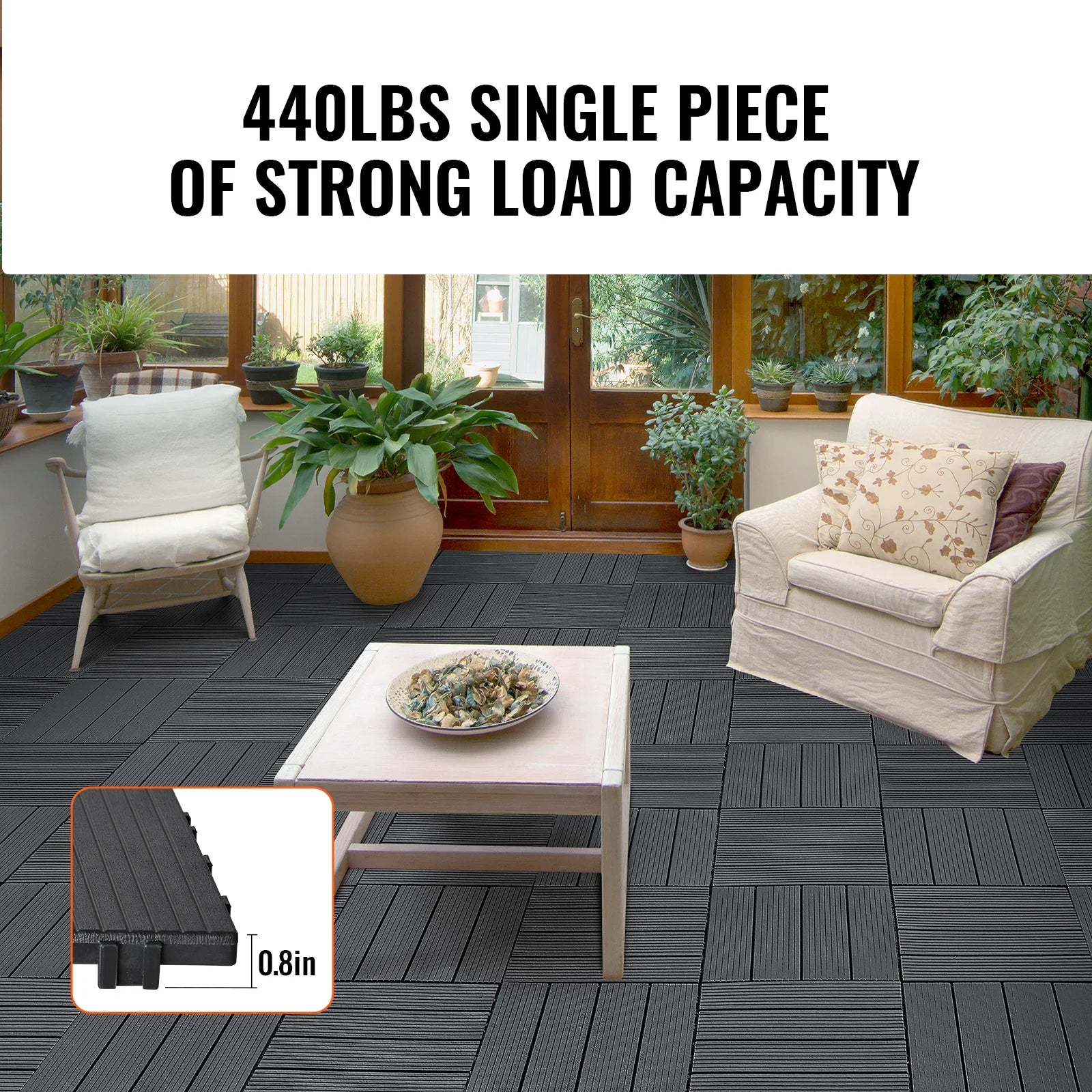 SucceBuy  Interlocking Deck Tiles Plastic Waterproof Outdoor Flooring All Weather Use Patio Floor for Porch Poolside Dark Grey