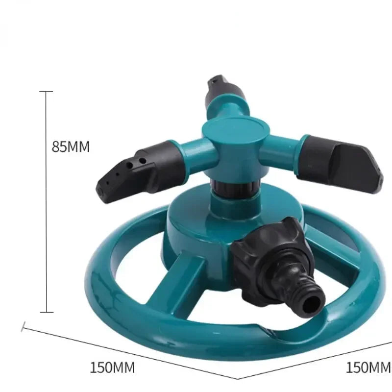Teal 3-arm rotary lawn sprinkler with round base and two adjustable black spray nozzles.