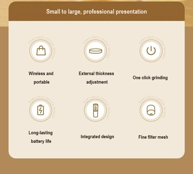 Features of portable coffee maker: wireless, adjustable grind, one-click button, battery, integrated, fine filter.