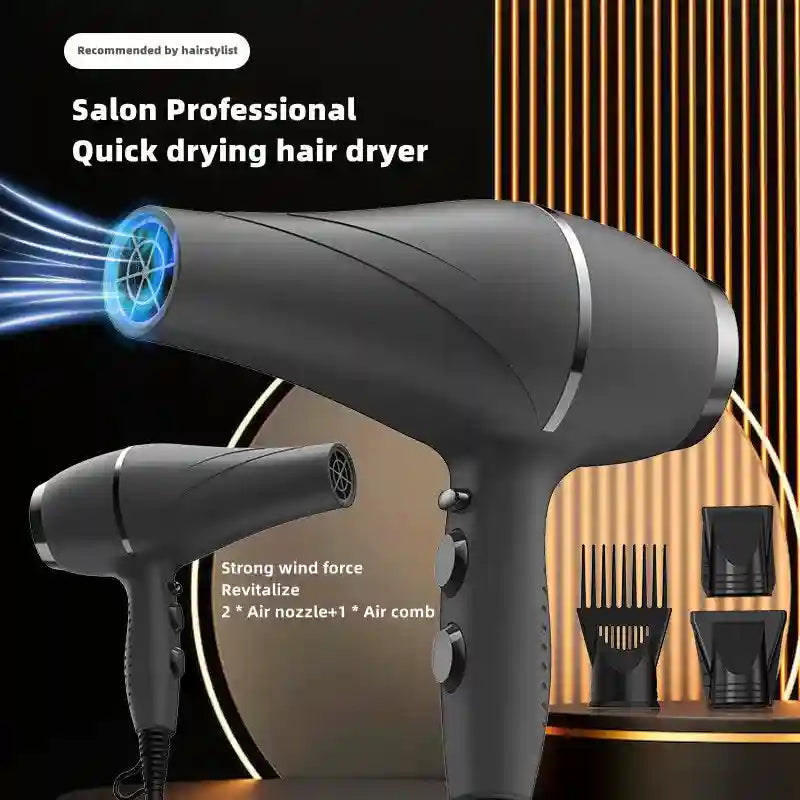 2400W professional hair dryer in matte black with 2 nozzles and 1 comb attachment for fast salon-quality styling.