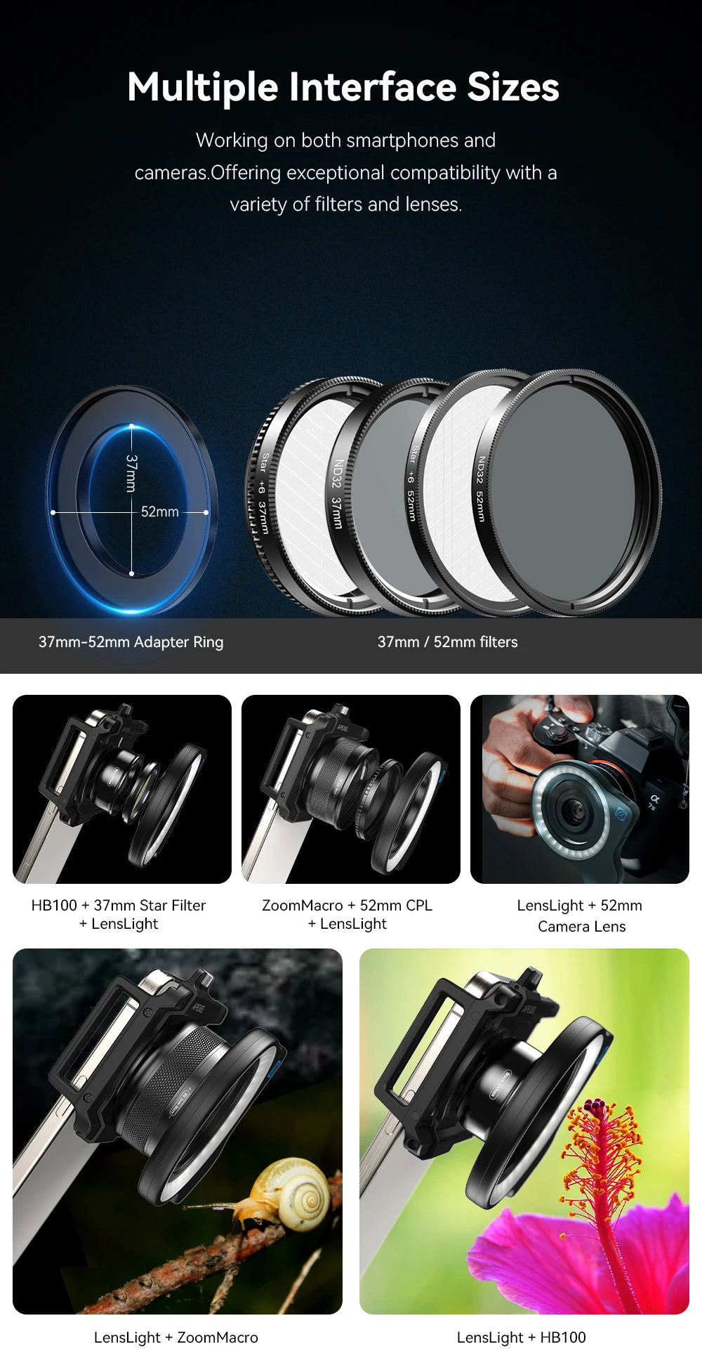 37mm to 52mm adapter ring and circular filters for connecting camera lenses and filters to smartphones and cameras.