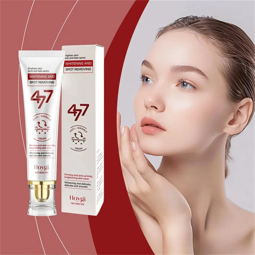 Hoygi spot-removing whitening cream in a white tube and box next to a woman with clear skin.