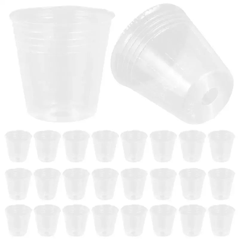Clear plastic nursery pots with drainage holes, tall and small transparent starter cup set