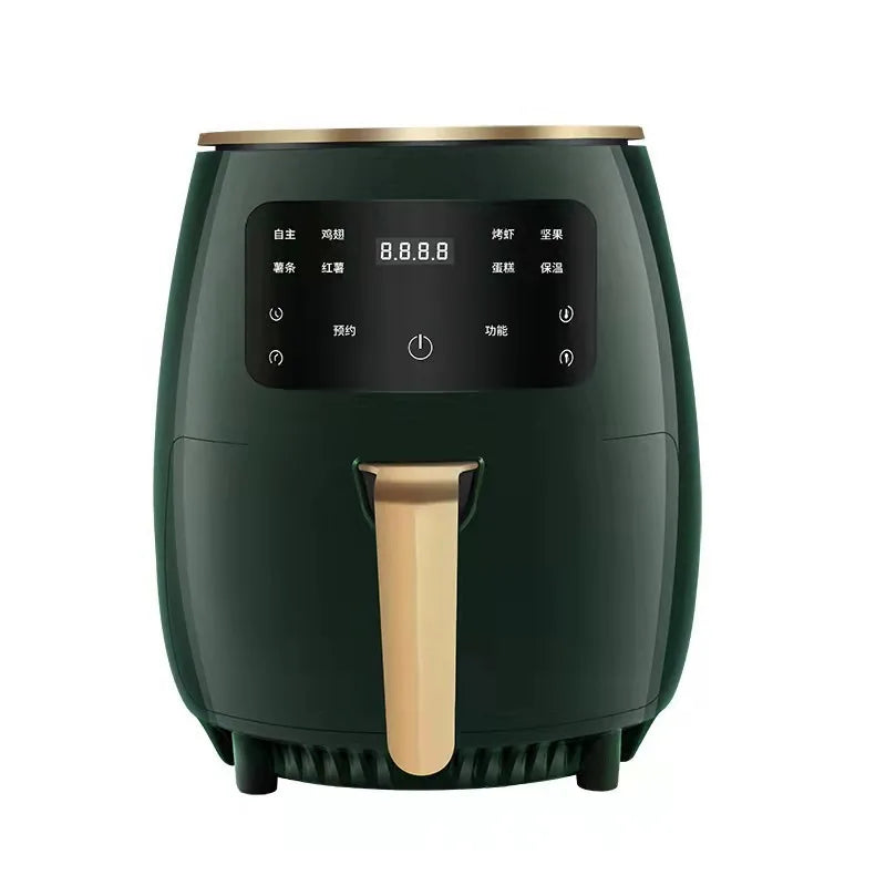 Green air fryer with touch screen control panel and gold basket handle