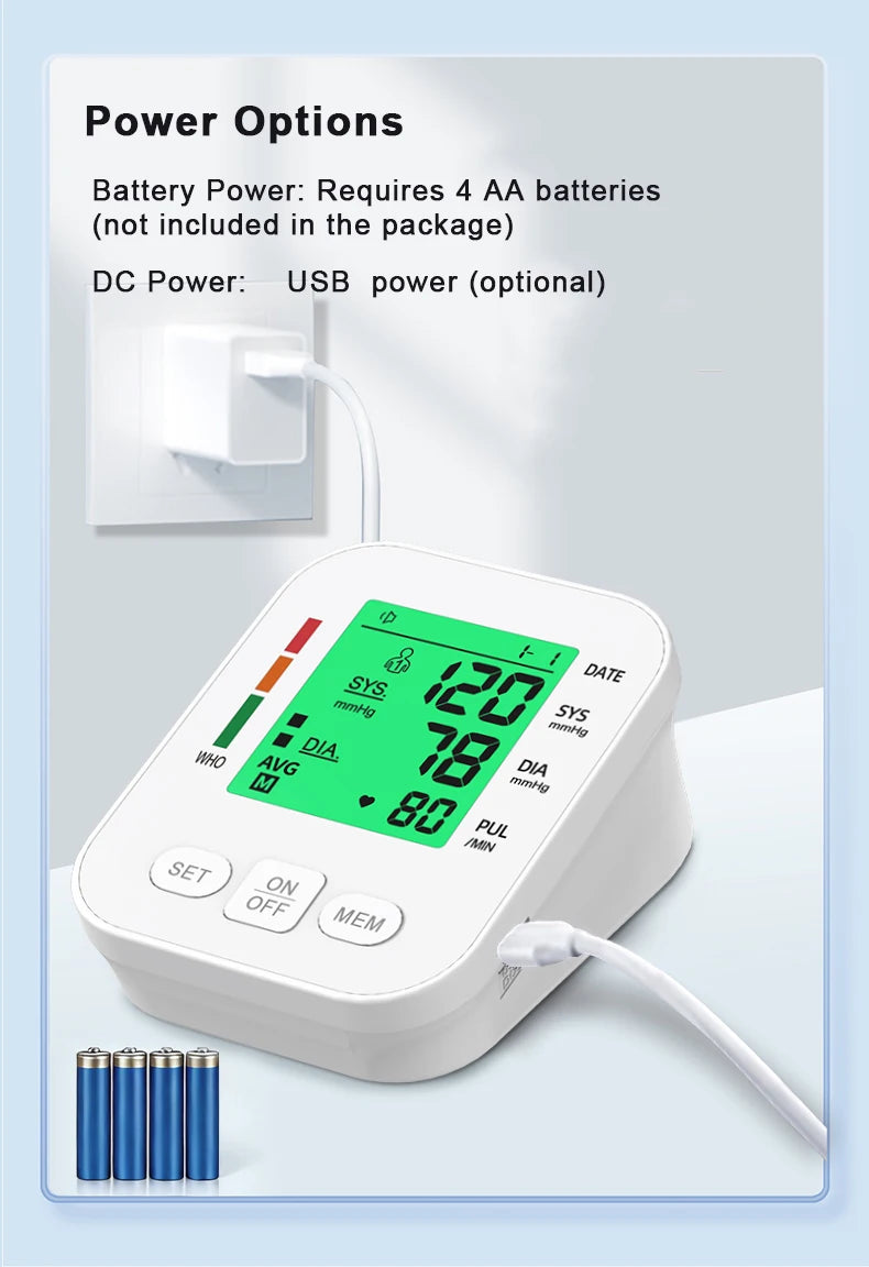 LCD Backlight Blood Pressure Test Kit Upper Arm BP Monitor Automatic Tonometer Digital Sphygmomanometer for Home Use Health Care