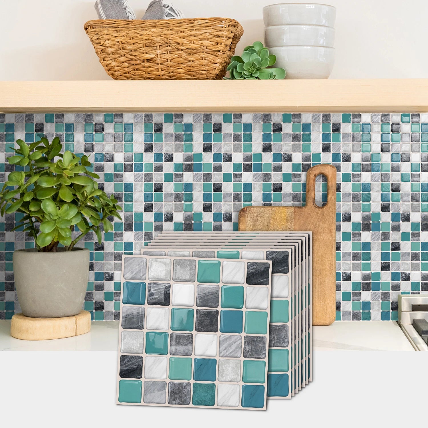 Mosaic tile stickers, removable self-adhesive wall decals, waterproof peel and stick backsplash, suitable for kitchen