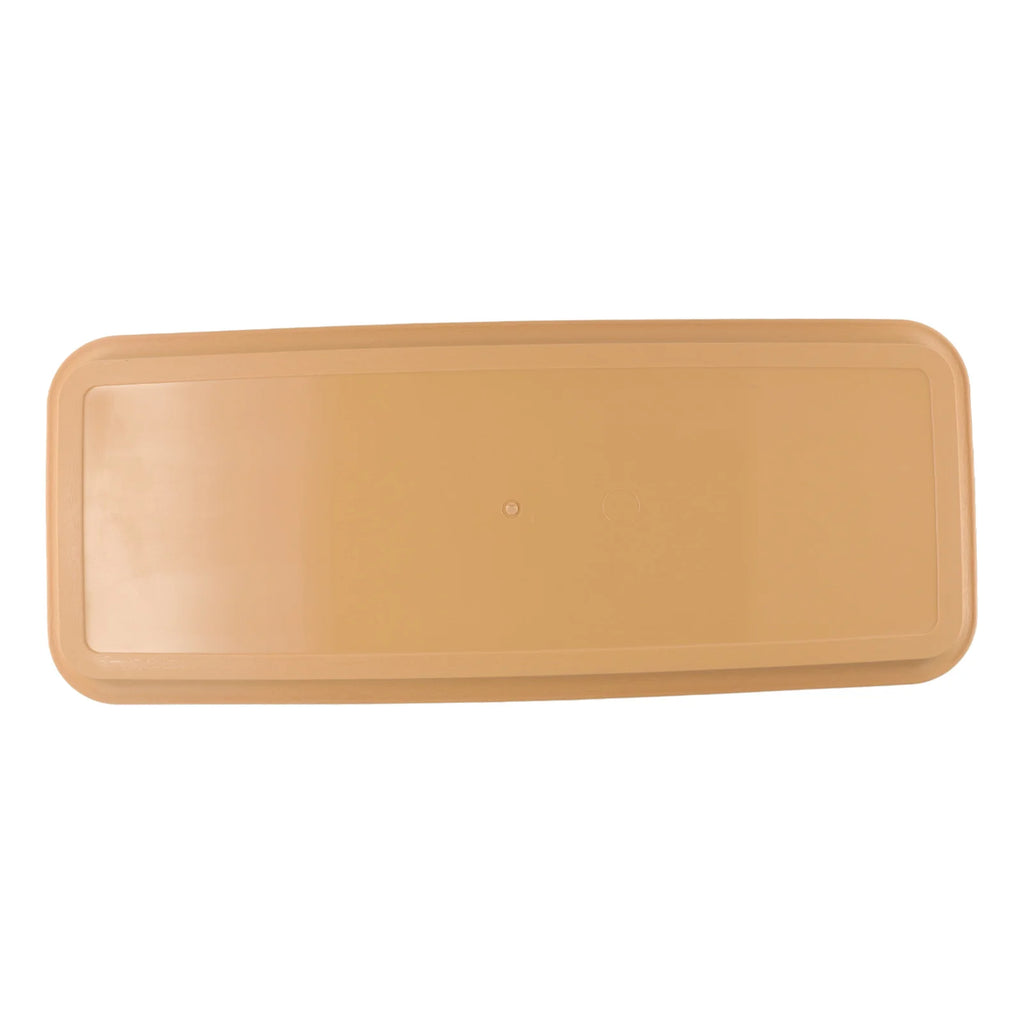 Rectangular plastic plant tray, brown, top view of shallow basin