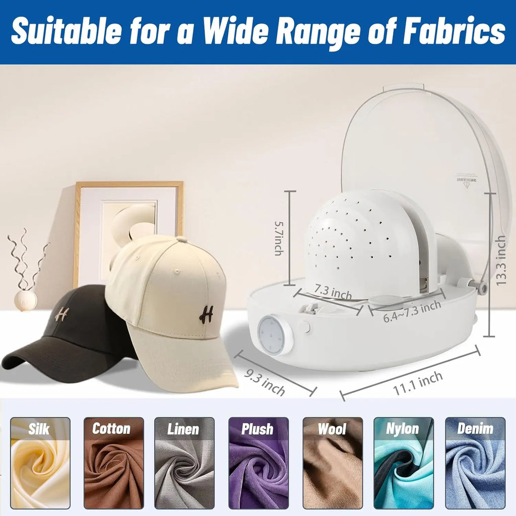Tidesmit automatic cap cleaner featuring steam cleaning, ironing, and drying functions for baseball and bucket hats.