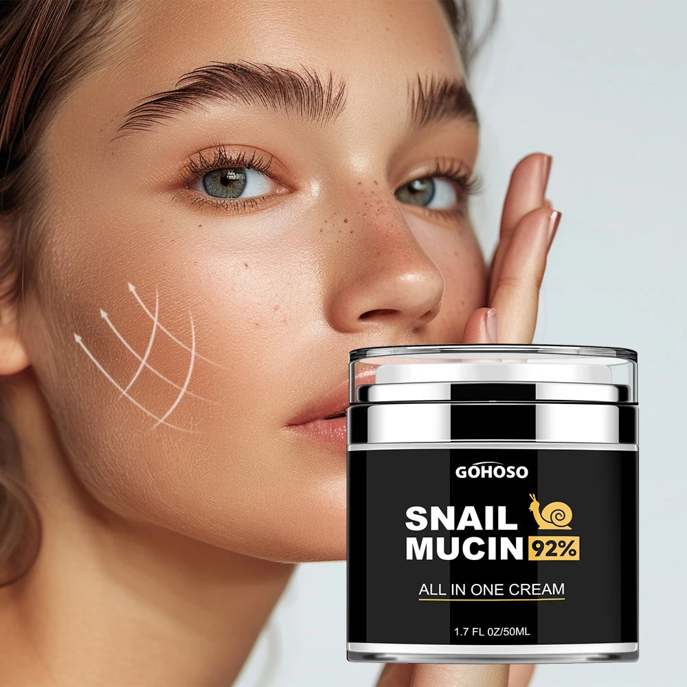 A black and silver jar of GOHOSO Snail Mucin 92% All In One Cream beside a woman’s face with lifting arrow graphics.