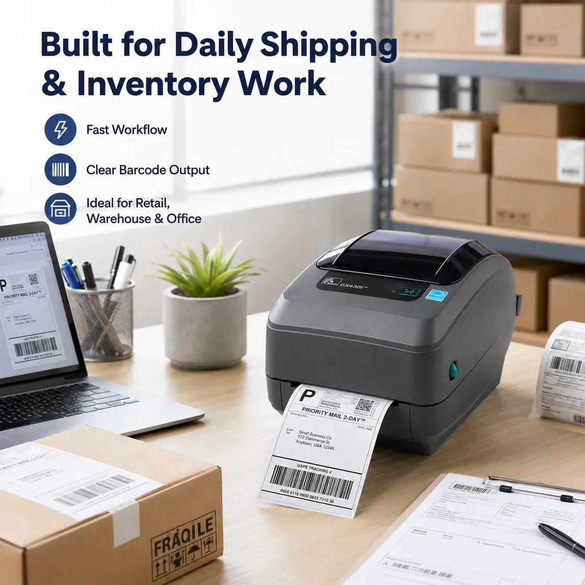 Zebra GX430T desktop label printer with front feed opening and side indicator light