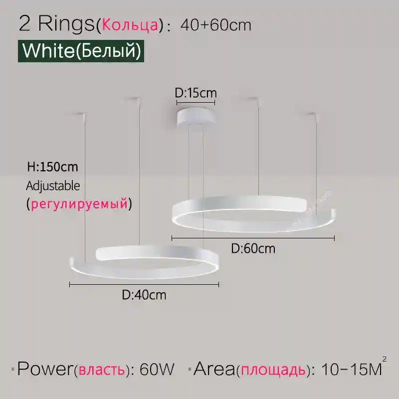 Modern 3-Ring LED Chandelier - Adjustable Dimmable Black Finish 2 Rings White S Tidesmit