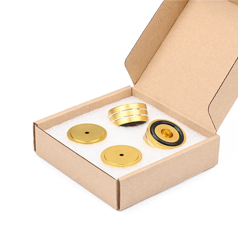 Aluminum speaker spike foot pads, gold and black carbon-fiber style, 4-piece set