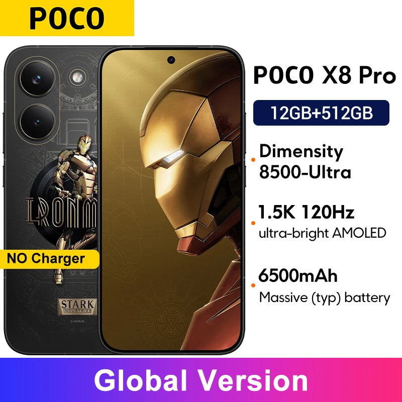 POCO X8 Pro Global smartphone, Iron Man edition, 1.5K 120Hz AMOLED, Dimensity 8500-Ultra, 6500mAh battery, black case.