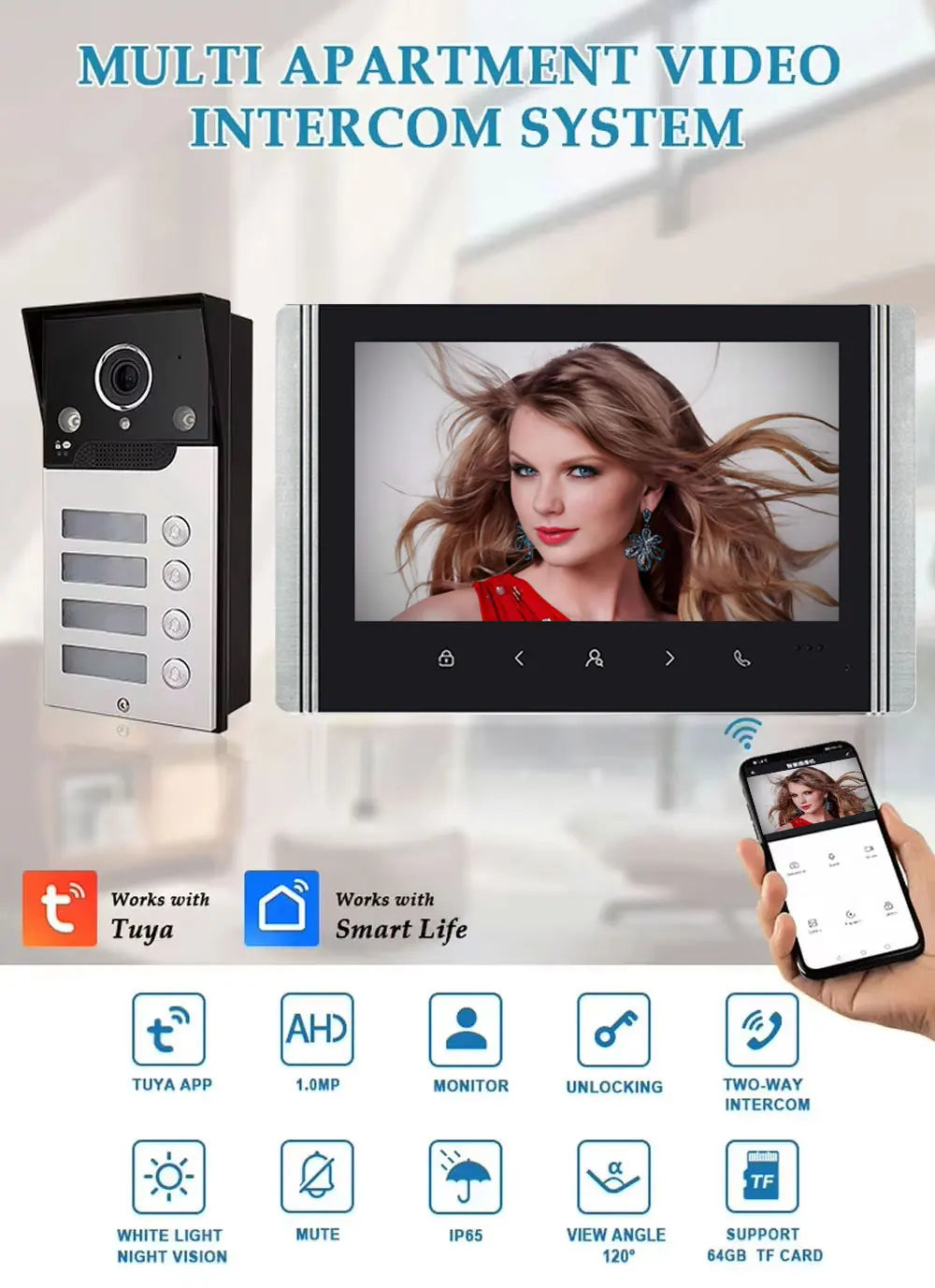 7 Inch LCD Video Doorphone Intercom Wide Angle Waterproof 1080P Camera Doorbell System for 2/3/4 Apartment Family Access Control