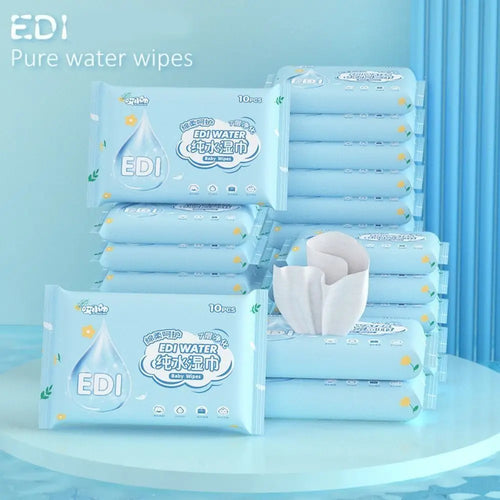 EDI pure water baby wipes in 10-count blue travel packs for sensitive skin care.