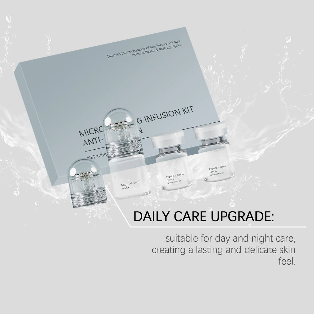 Anti-aging infusion kit with serum vials and a micro-infusion device, presented against a splashing water background.