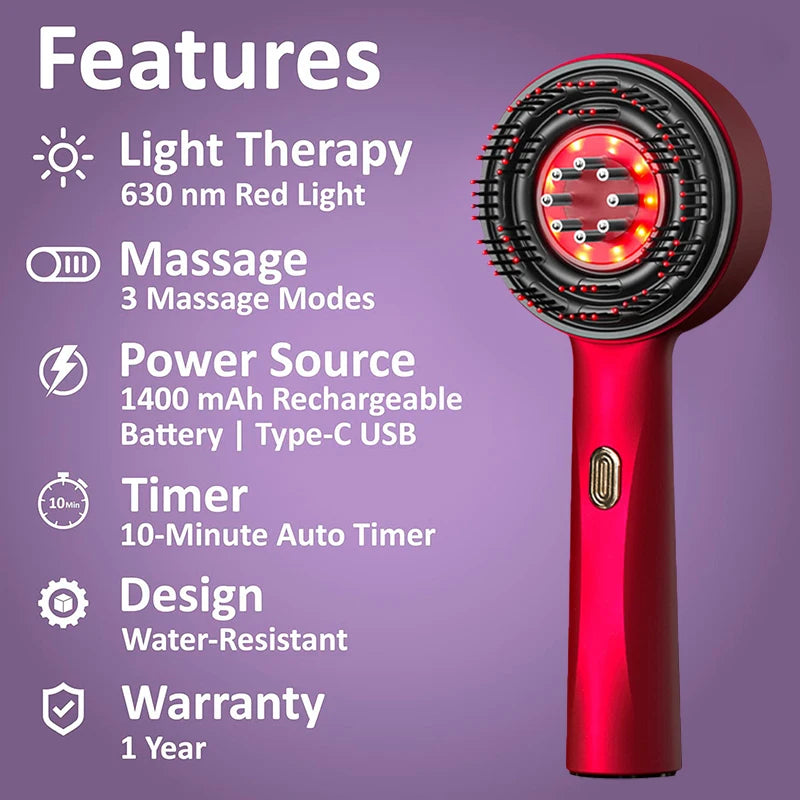 Electric Scalp Massager Comb for Hair Growth - Portable Red or Gray Device Relaxation Treatment Tidesmit