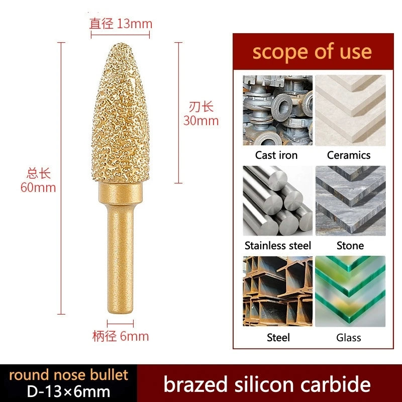 Brazed diamond grinding and polishing head, pointed round nose gold tip with 6mm shank