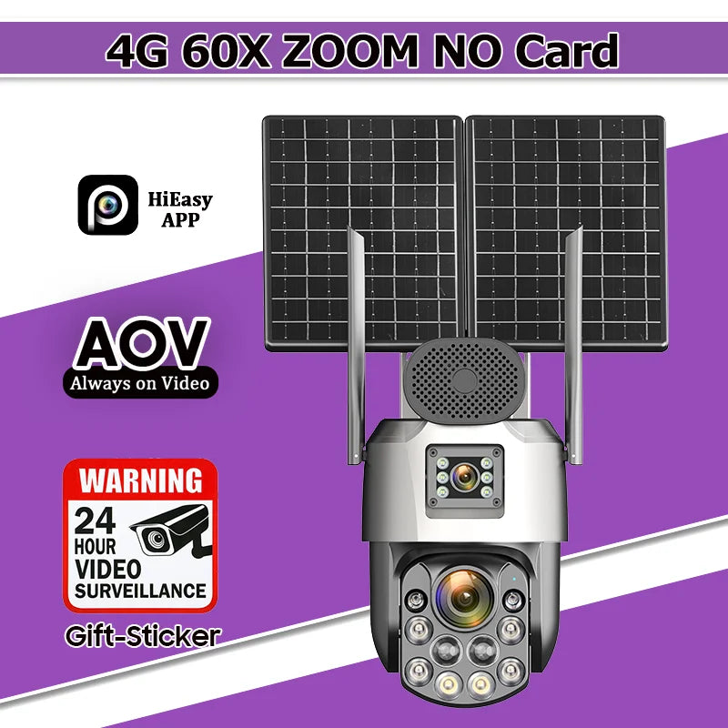 AOV 24/7 Recording Solar Cameras 60X Optical Zoom Dual Lens Surveillance 4G/eSIM Outdoor AI Human Tracking Security PTZ Camera
