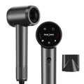 Grey high-speed hair dryer with LCD display, 110k RPM, negative ion tech, and magnetic styling nozzle attachment.