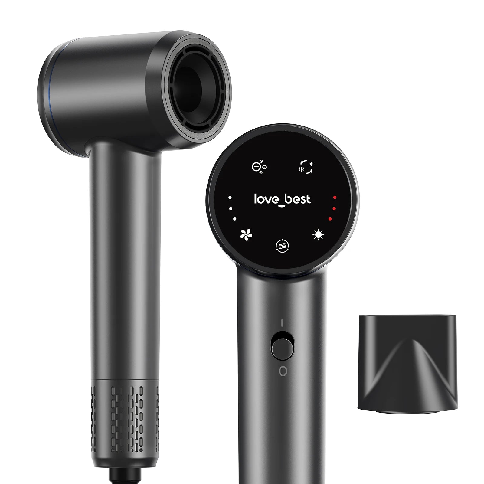 Grey high-speed hair dryer with LCD display, 110k RPM, negative ion tech, and magnetic styling nozzle attachment.