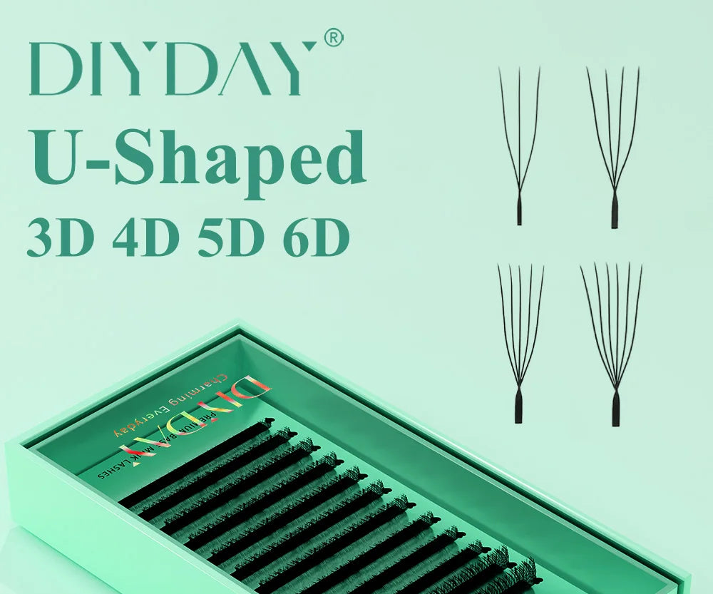 DIYDAY U-shaped, lightweight black faux mink lash extensions in a green tray with 3D-6D premade fan illustrations.