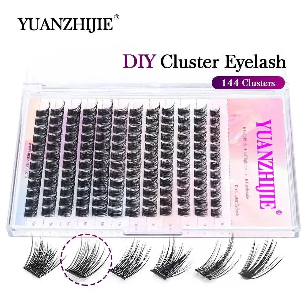 A clear tray containing 144 black DIY segmented mink cluster eyelashes in various lengths, with six loose clusters below.