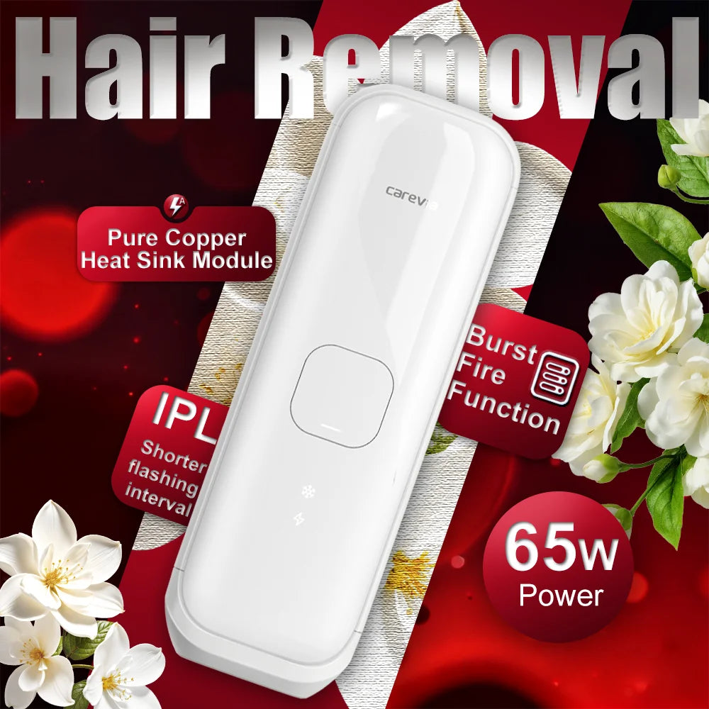 White handheld IPL hair removal device with button, branded "carevie," on a floral, red-background promotional graphic.