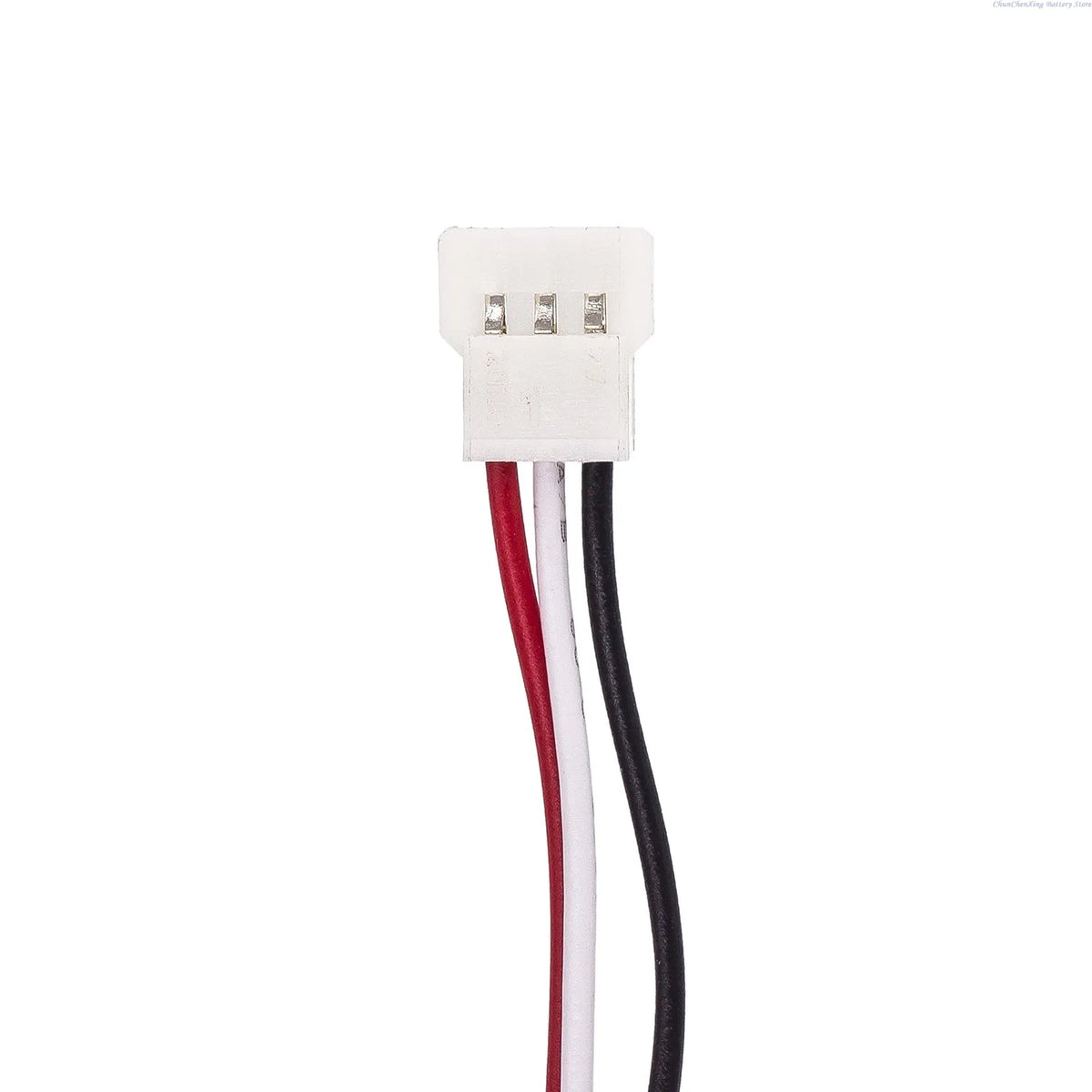 Battery pack connector with red and black wires and white 3-pin plug