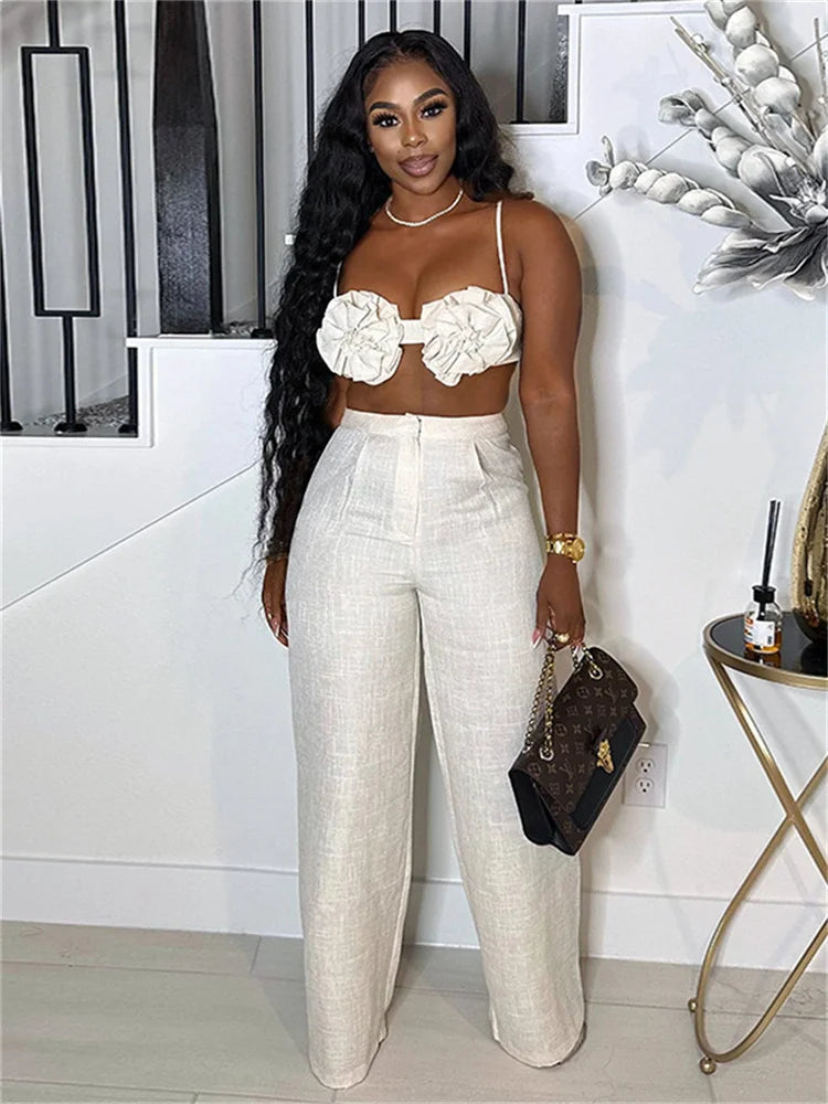 Weird Puss Vacation Beach Style 2 Piece Set Women Ruched Flower Bra Tops+Button Waist Straight Pants Fashion Sexy Trend Outfits