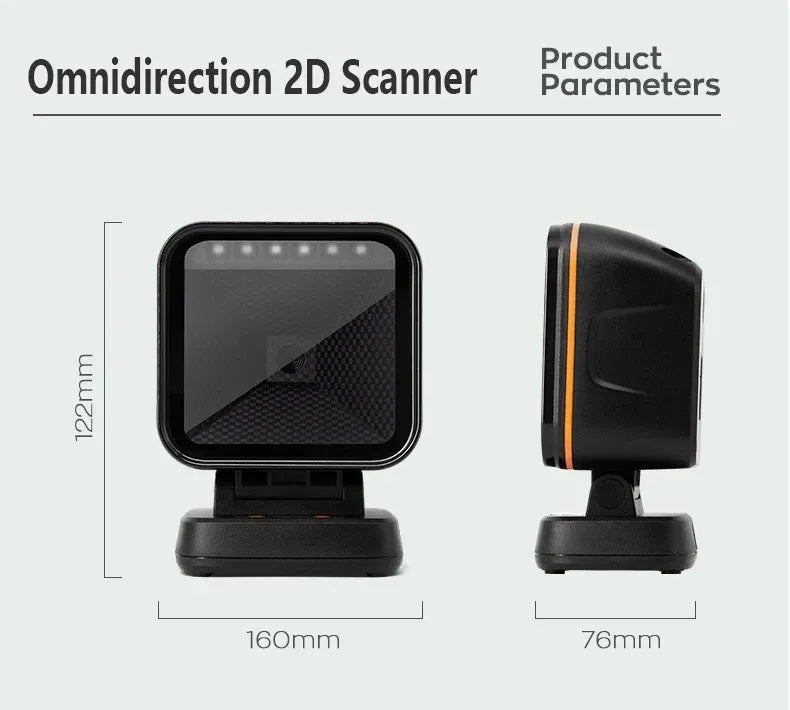 Omnidirectional desktop 2D barcode scanner dimensions view, orange trim