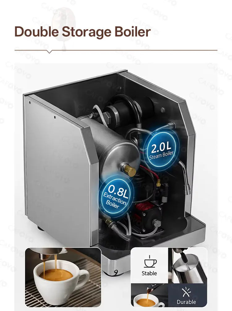 Cafoyo stainless steel espresso machine showing internal 0.8L extraction and 2.0L steam double boiler system.