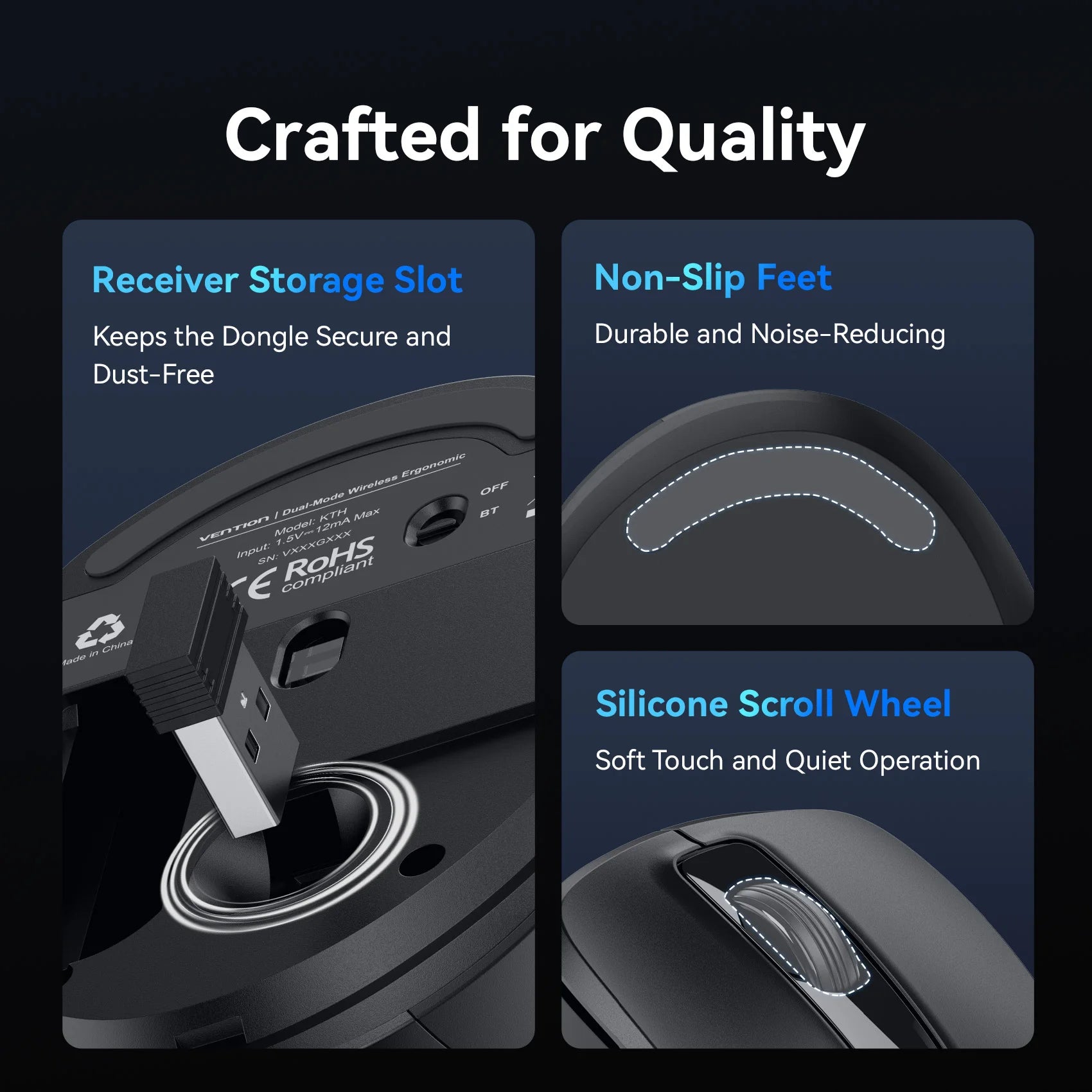 Vention Ergonomic Wireless Mouse Bluetooth 5.1 Dual-Mode USB 2.4G Mouse 4000 DPI 6 Buttons Mouse for PC MacBook Pro Tablet Mice