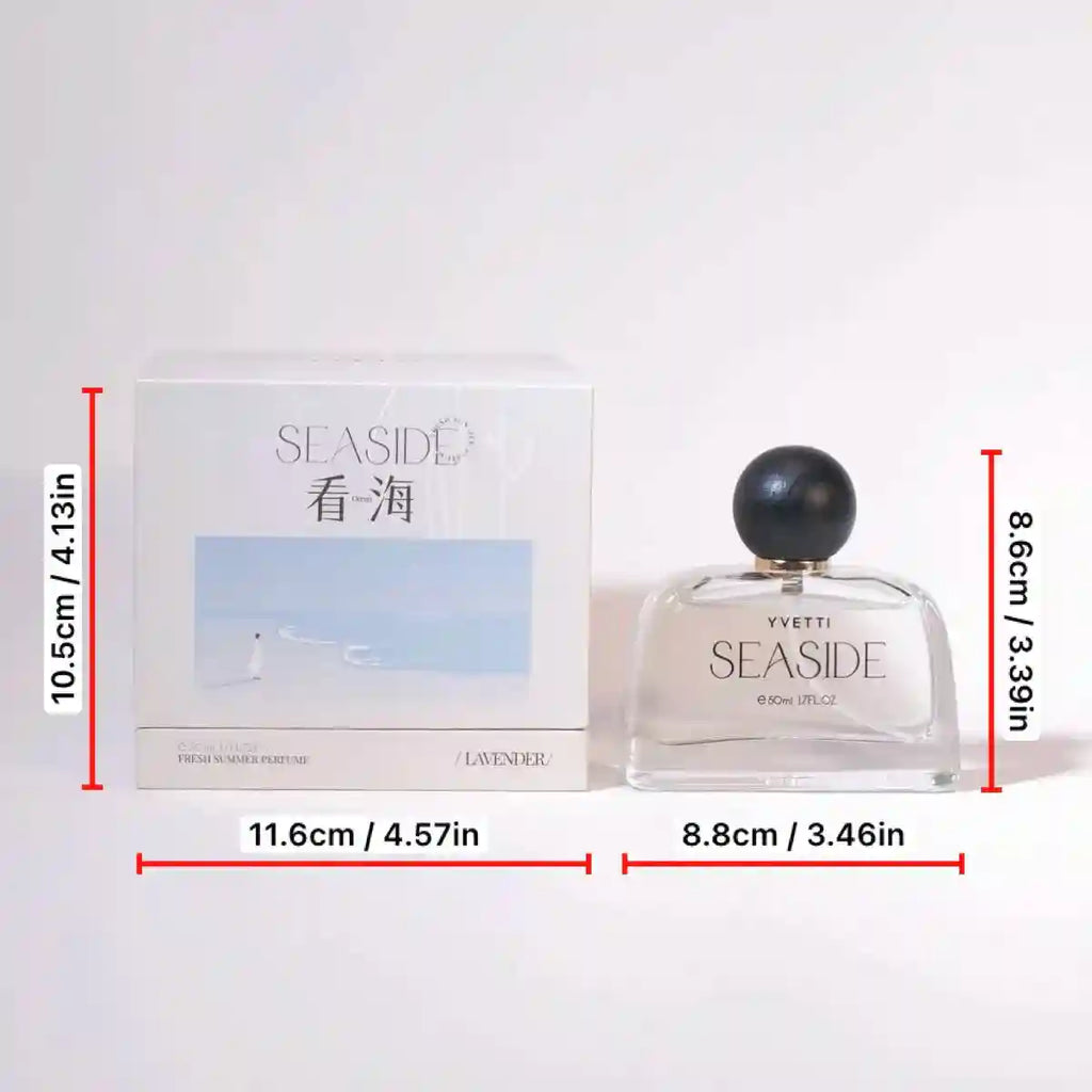 Yvette Seaside women's perfume: fresh lavender floral scent in a wide glass bottle with a round black cap. 50ml EDP.