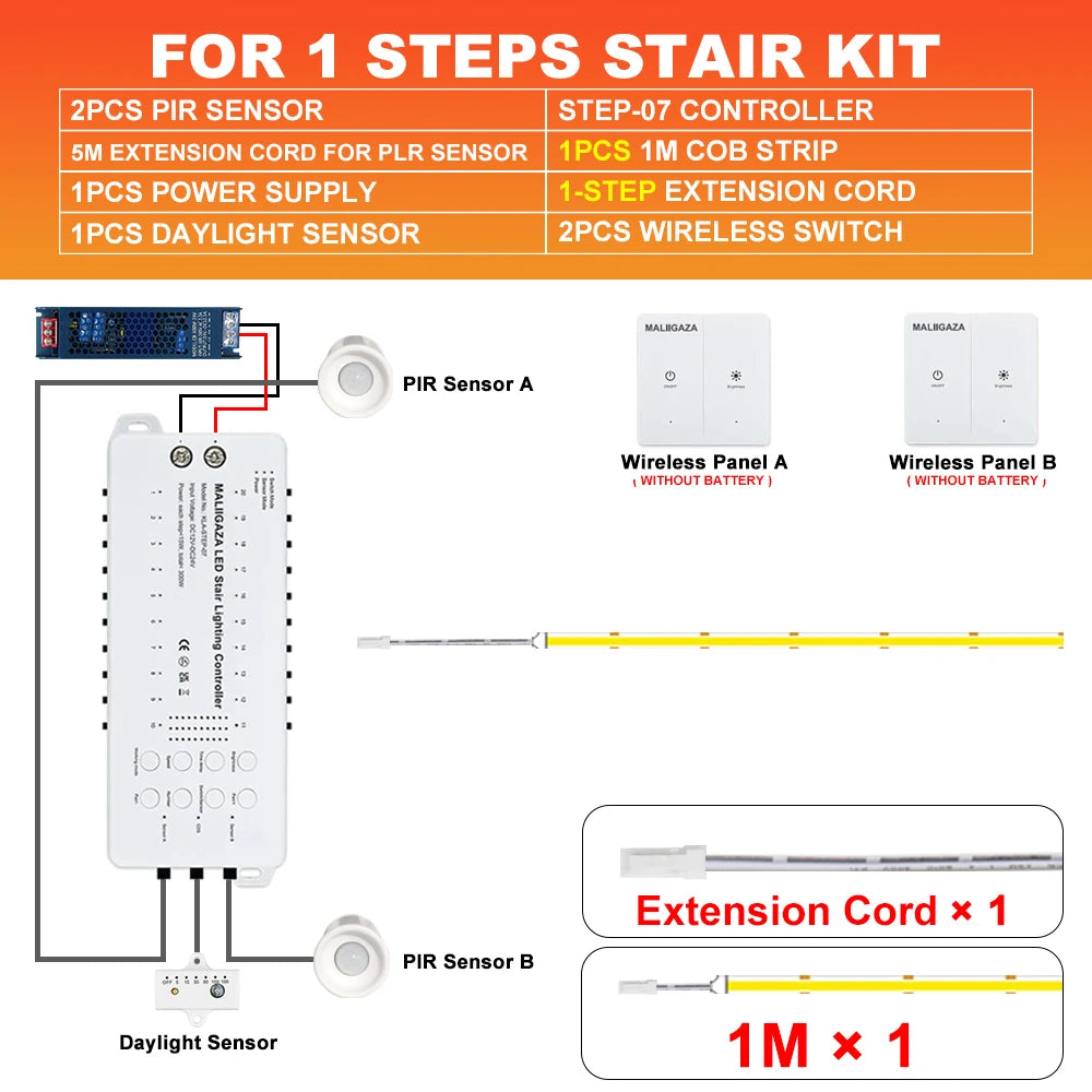 LED stair light kit with PIR motion sensors, COB strip, extension cord for 1 step