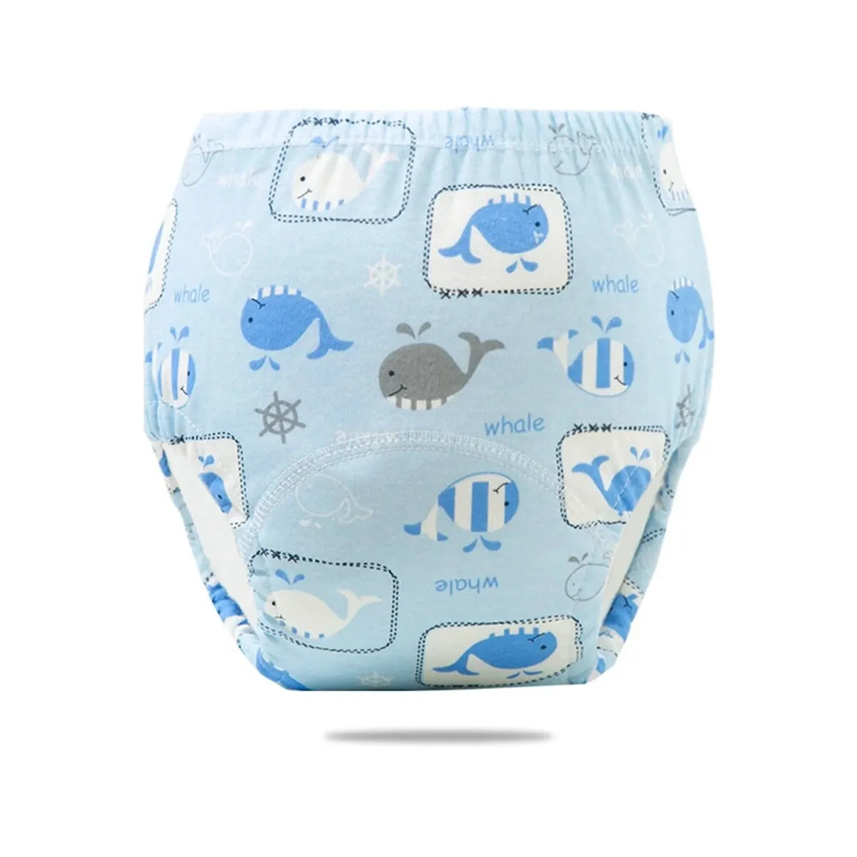 Baby care training pants with blue whale print, absorbent cotton underwear for toddlers.