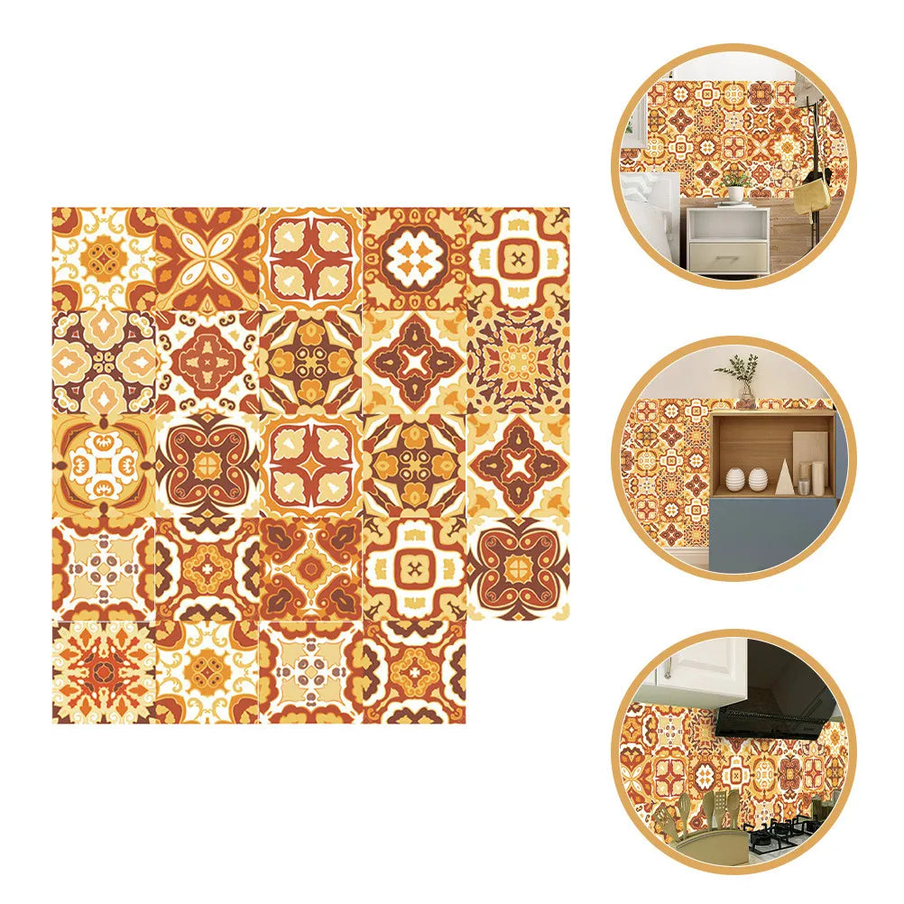 Peel-and-stick mosaic tile sticker sheet with orange-brown and cream vintage pattern tiles