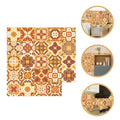 Peel-and-stick mosaic tile sticker sheet with orange, brown, and cream vintage pattern