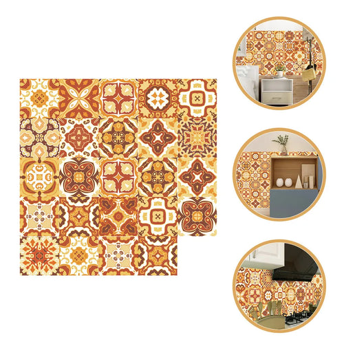Peel-and-stick mosaic tile sticker sheet with orange, brown, and cream vintage pattern