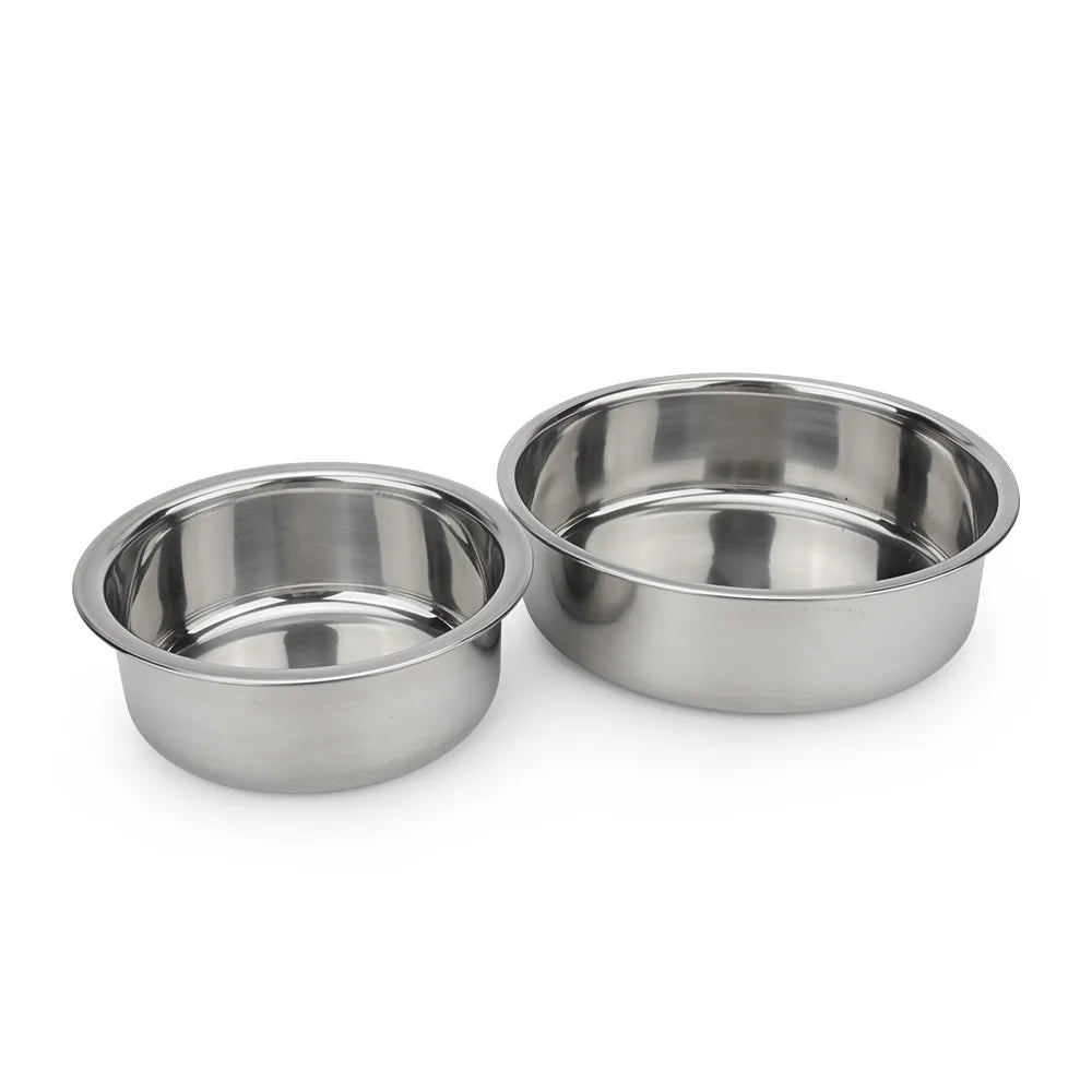 Two round stainless steel pet bowls for food or water, durable design perfect for small and medium dogs and cats.