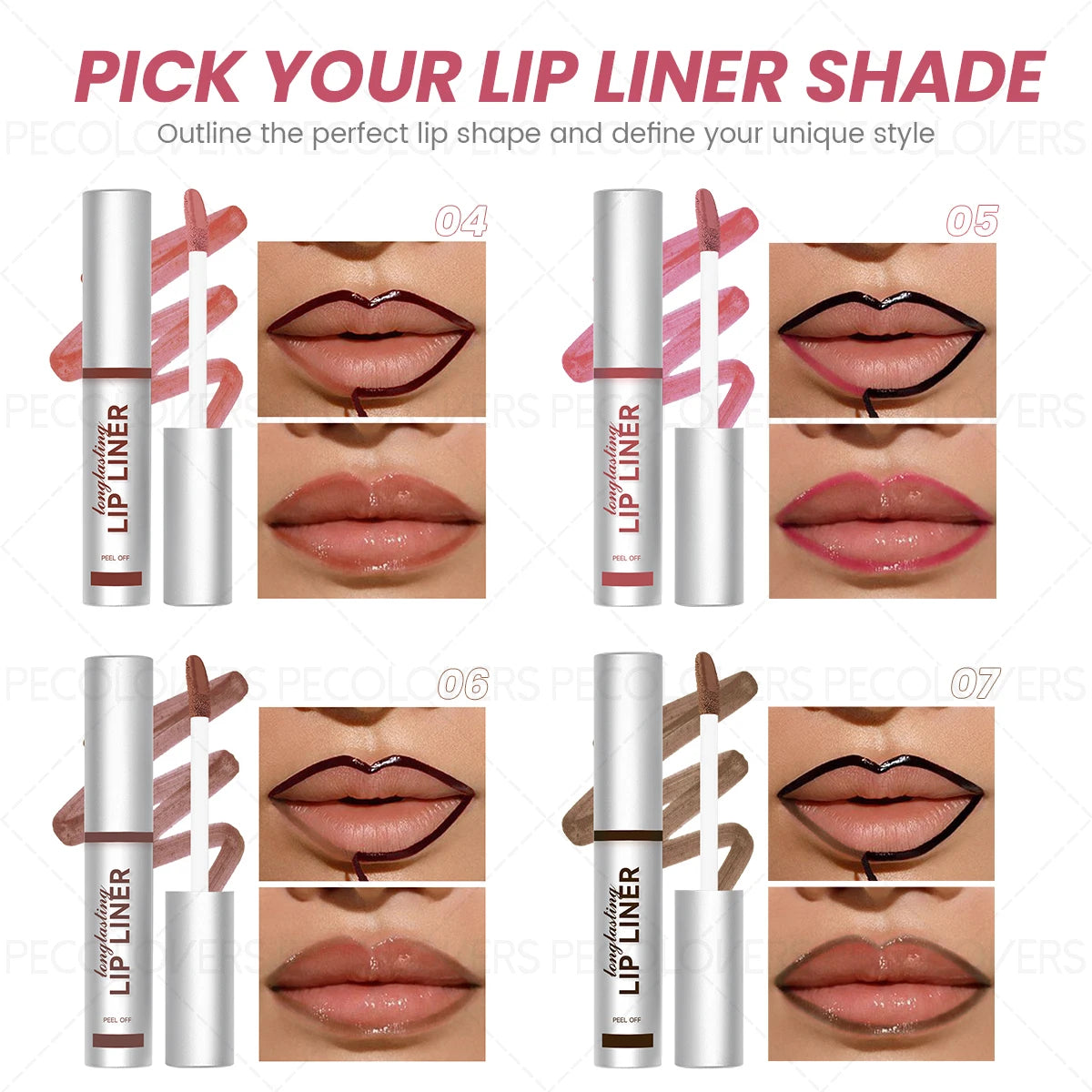 Waterproof peel-off lip liner in 4 matte shades for long-lasting, defined lip contouring and custom tint application.