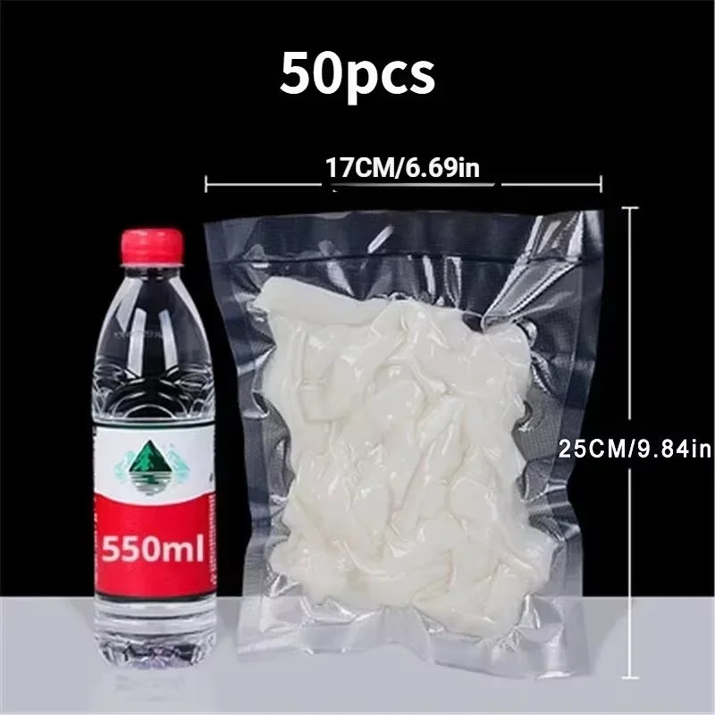 Vacuum sealing bag set with 50-pack pouches and a bottle display
